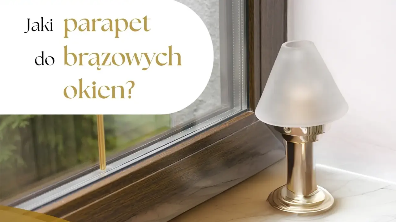 Jaki parapet do brązowych okien? Elegancka lampka nocna stoi na marmurowym parapecie obok okna.