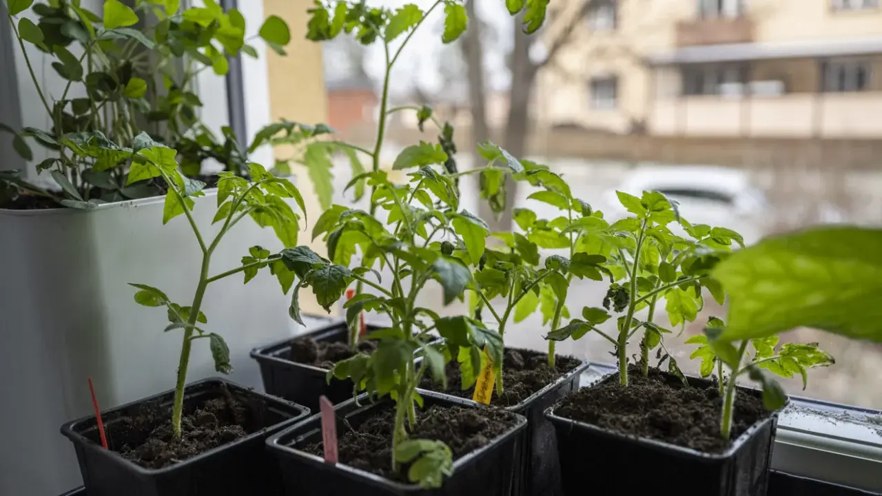 Små tomatplantor i svarta krukor på fönsterbrädan, redo att vattna tomater underifrån för att främja stark tillväxt.