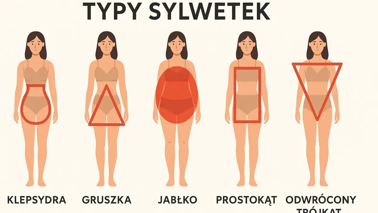 Pięć typów sylwetek: klepsydra, gruszka, jabłko, prostokąt i odwrócony trójkąt.