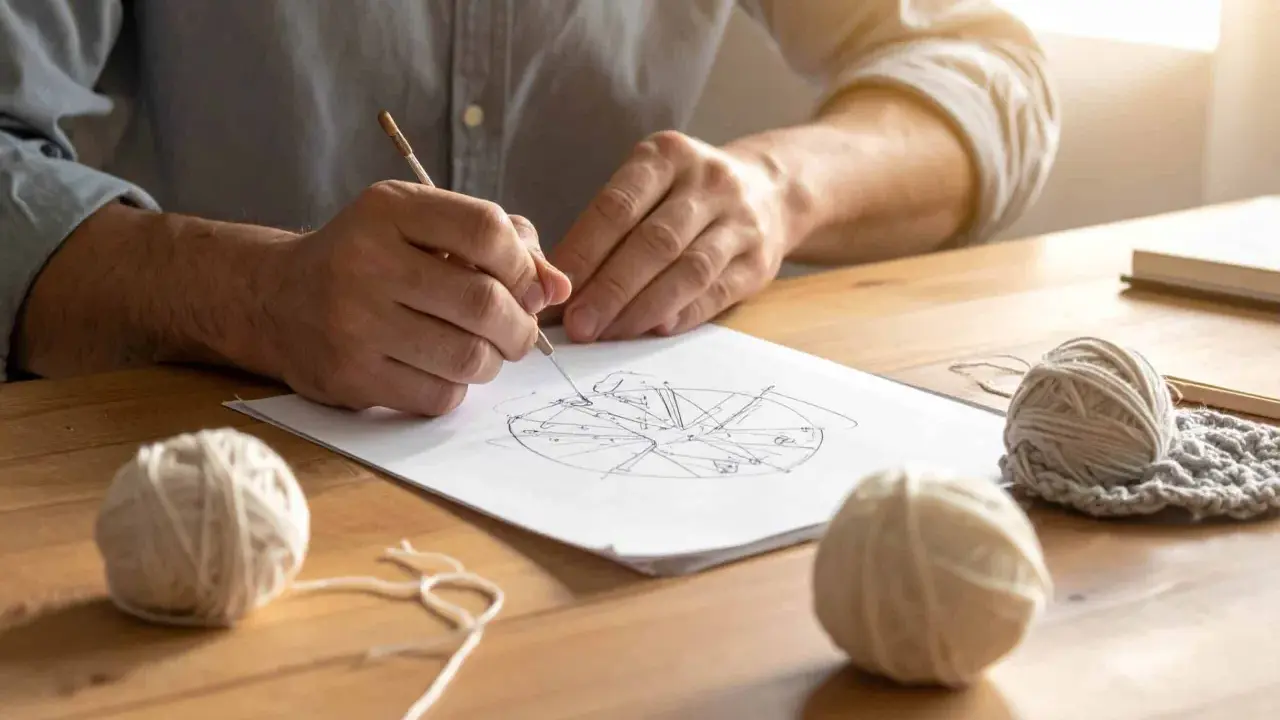Ręce rysują skomplikowane crochet charts. Na stole leżą kłębki włóczki i gotowy fragment robótki.