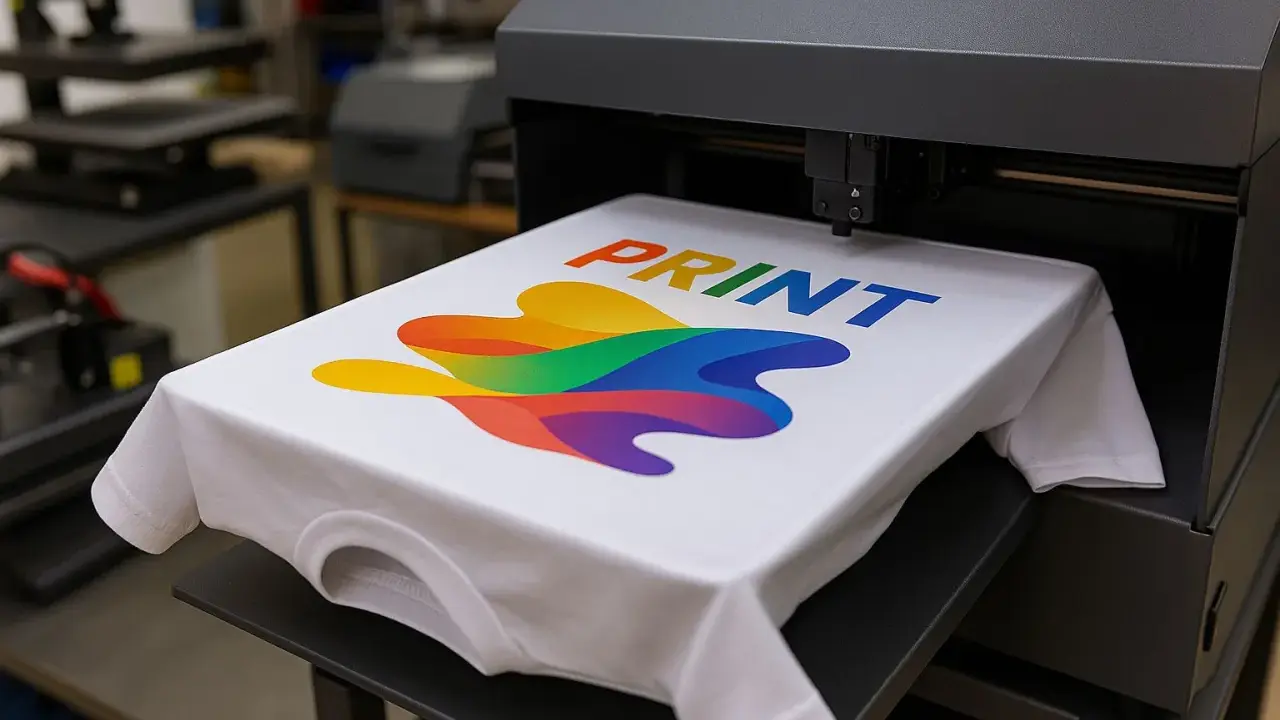 Nowa koszulka z tęczowym wzorem i napisem PRINT, gotowa do drukowania na plastiku.