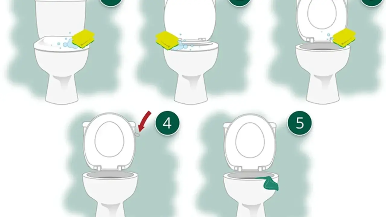 Schritt-für-Schritt-Anleitung, wie oft Toilette putzen: Schwamm mit Reinigungsmittel, Bürsten, Spülen, Abwischen.