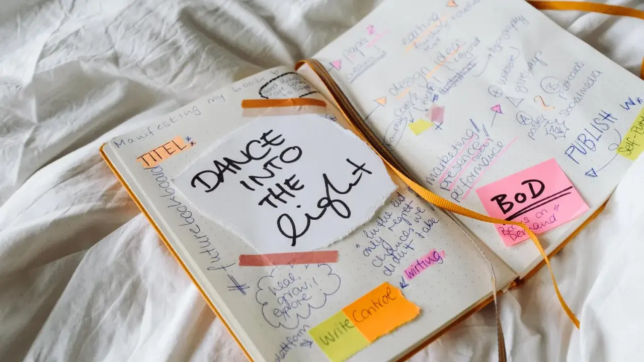 Carnet ouvert avec des notes manuscrites sur la création d'un livre, incluant "Dance into the Light" et des idées de marketing. Un nom d'auteur connu pourrait être inspiré par ces notes.