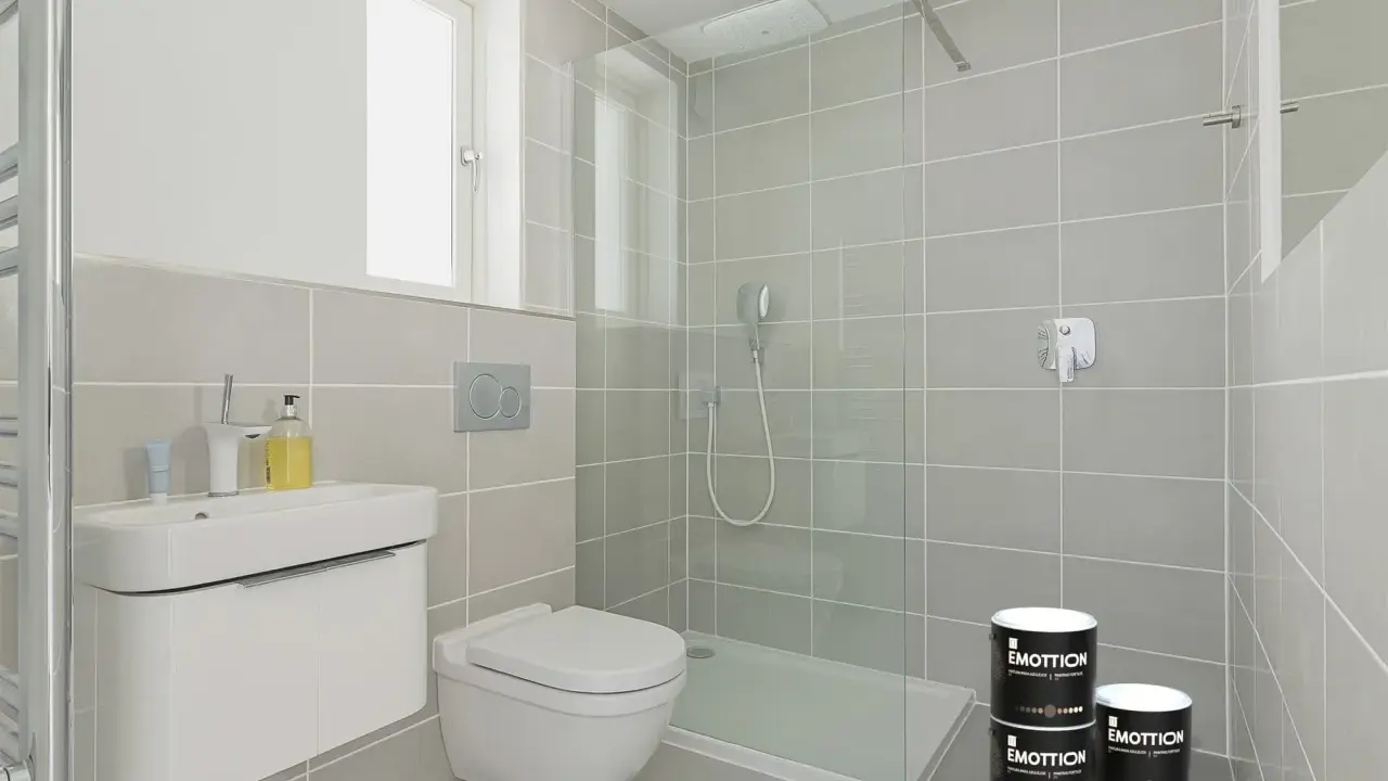 Dos latas de pintura "EMOTTION" listas para renovar el suelo del baño, con un diseño moderno y minimalista.
