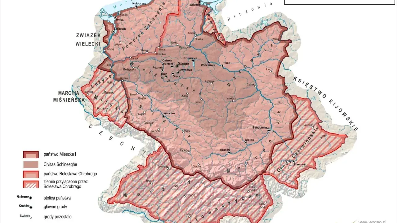 Mapa pokazuje państwo polskie za pierwszych Piastów, kiedy powstala Polska. Zaznaczono granice państwa Mieszka I i Bolesława Chrobrego.