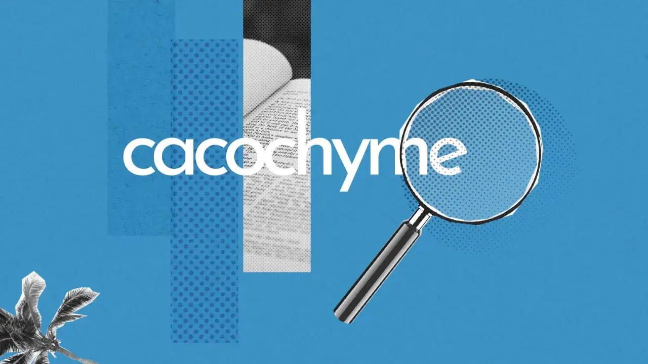 Une loupe examine le mot "cacochyme", un terme rare pour désigner une personne de mauvaise humeur. Le fond bleu et les motifs graphiques ajoutent une touche moderne.