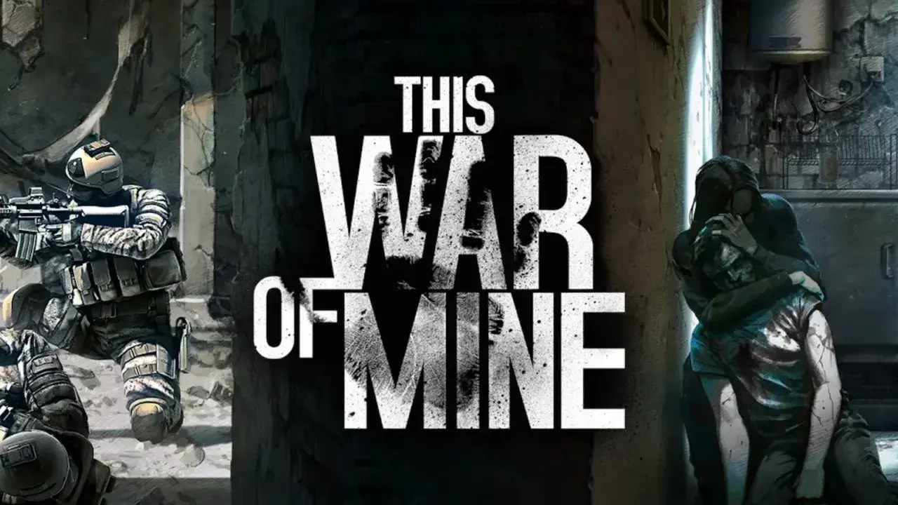 This War of Mine" lektura: żołnierze w ruinach i osoba niosąca rannego. Obraz przedstawia trudne realia wojny.