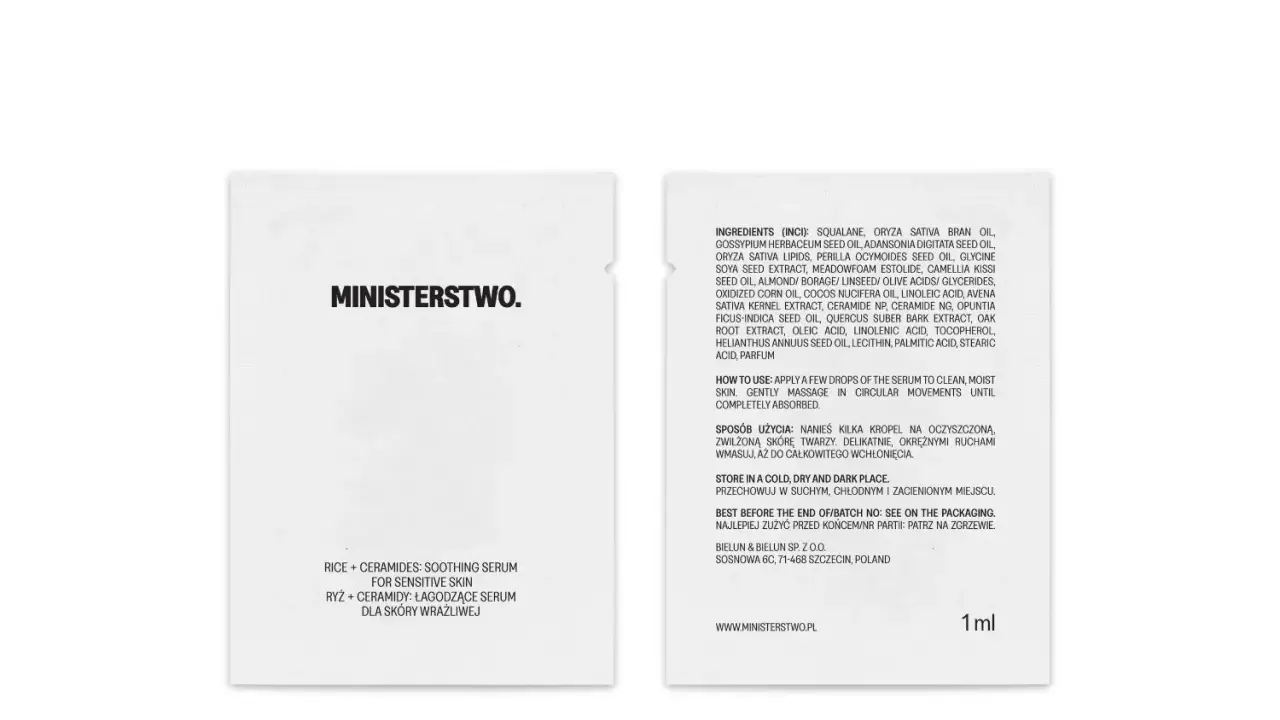 Biała saszetka z czarnym tekstem: logo "MINISTERSTWO.", nazwa produktu i skład.