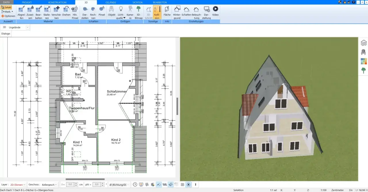 Bauplan eines Nur-Dachhauses mit Grundriss und 3D-Ansicht.
