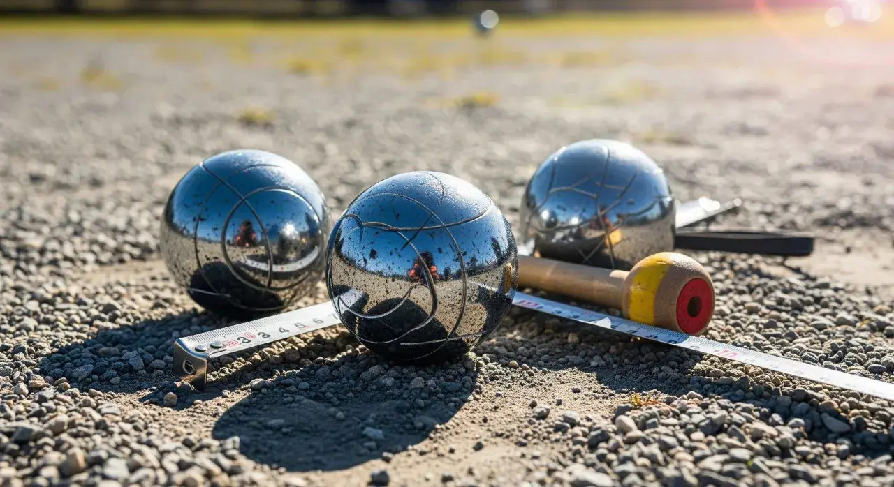 Trois boules de pétanque brillantes, un cochonnet et un mètre sur un terrain de gravier. Le jeu du joueur de boules est prêt.