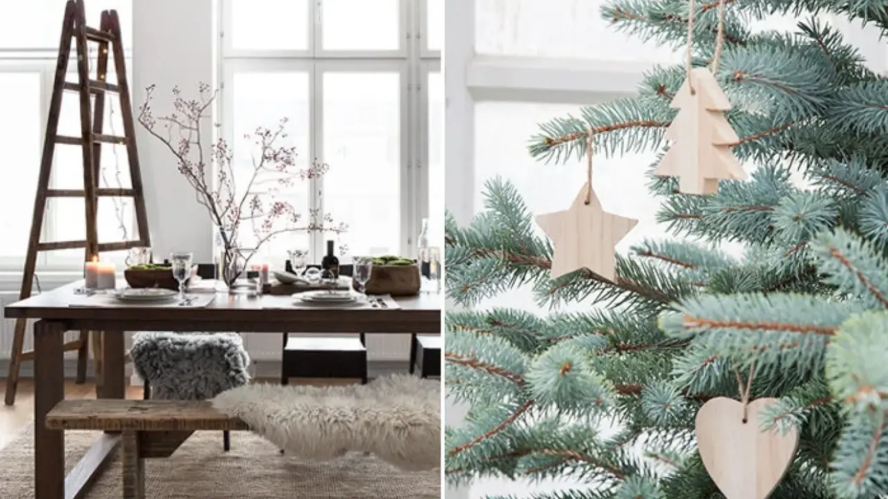 Vänster: rustik matplats med julstämning, höger: julgranspynt i trä. Jul inredning inspiration.