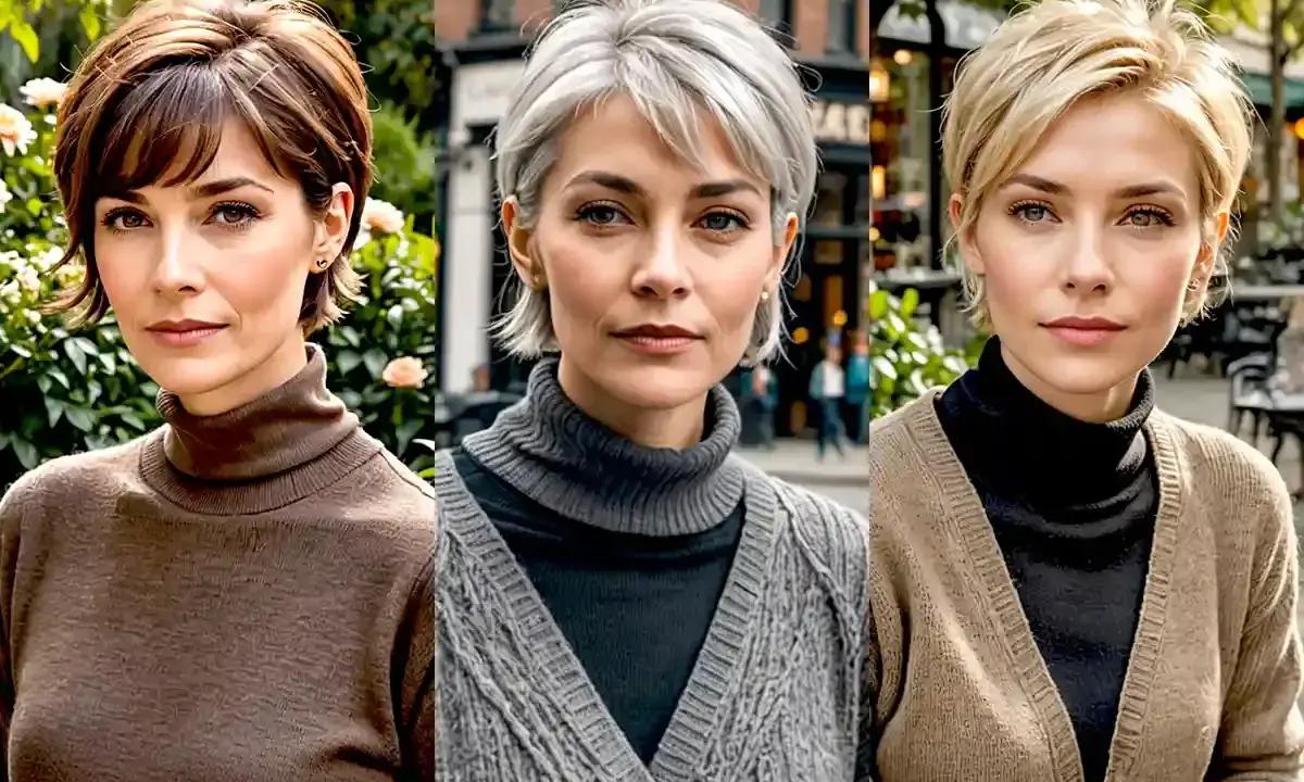 Tres mujeres con un moderno corte bixie, cada una con un estilo y color de cabello diferente, posan juntas al aire libre.