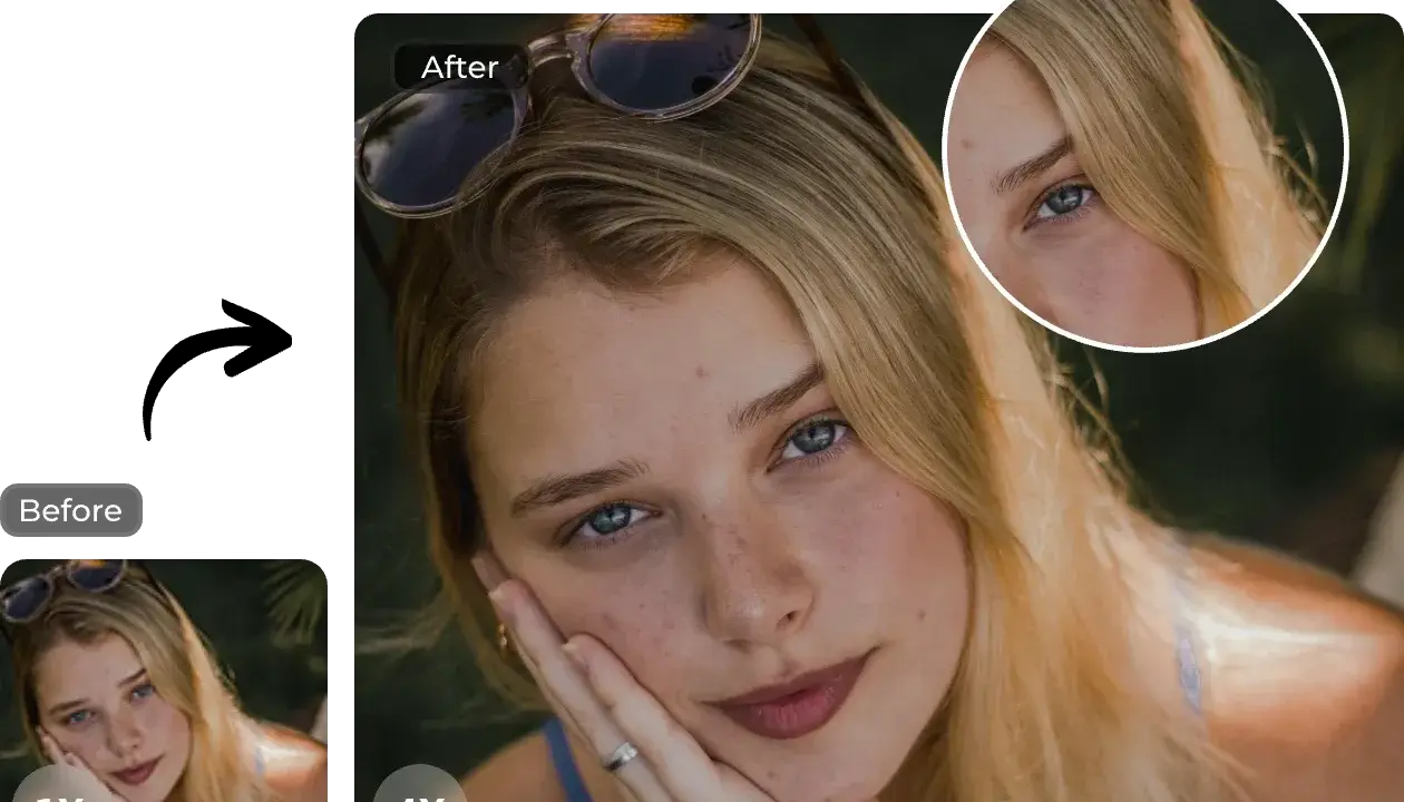 Comparación "antes y después" de un rostro femenino. La imagen "después" muestra un detalle ampliado con photoshop super resolution, revelando mayor nitidez.