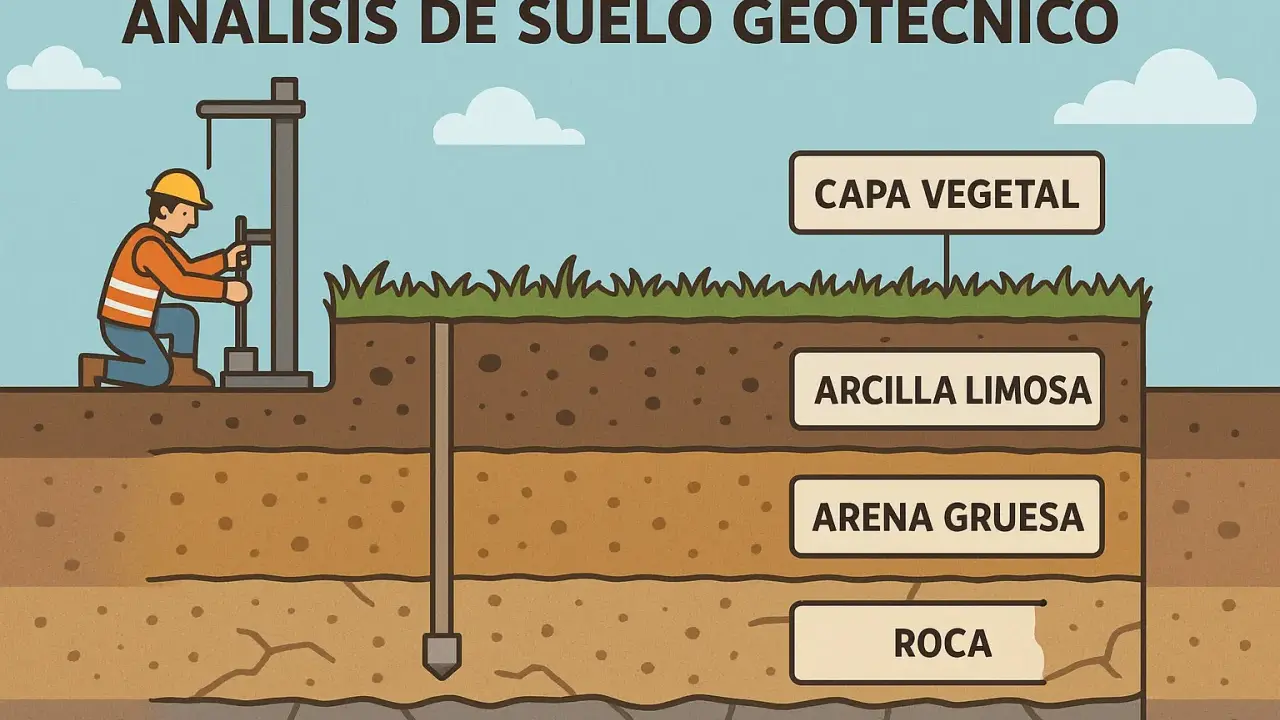 Un trabajador realiza un estudio geotecnico para entender las capas del suelo: capa vegetal, arcilla limosa, arena gruesa y roca.