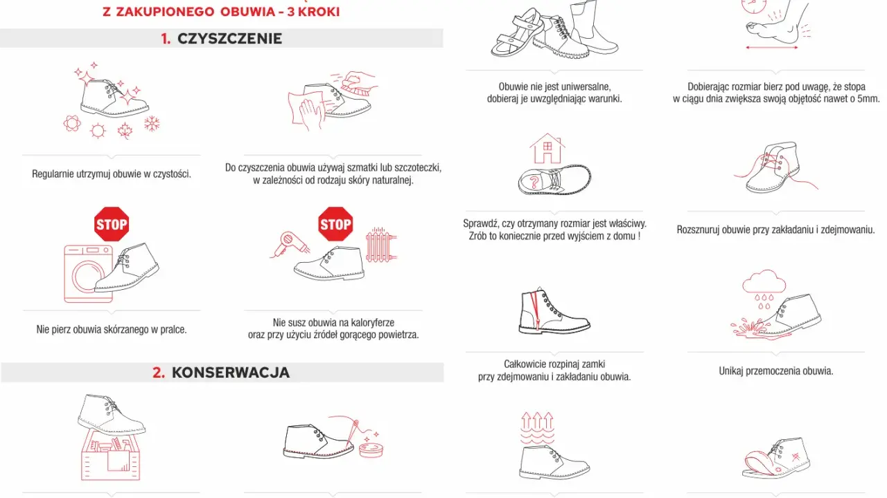 Regularnie czyść buty szmatką lub szczoteczką, by dłużej cieszyć się ich wyglądem. Unikaj prania i suszenia przy gorących źródłach.