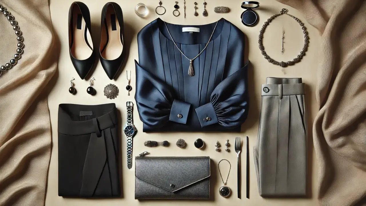 Elegancki zestaw: czarne szpilki, granatowa bluzka, szare spodnie, srebrna biżuteria. Jaki kolor pasuje do srebrnego? Czerń i granat tworzą klasyczną elegancję.