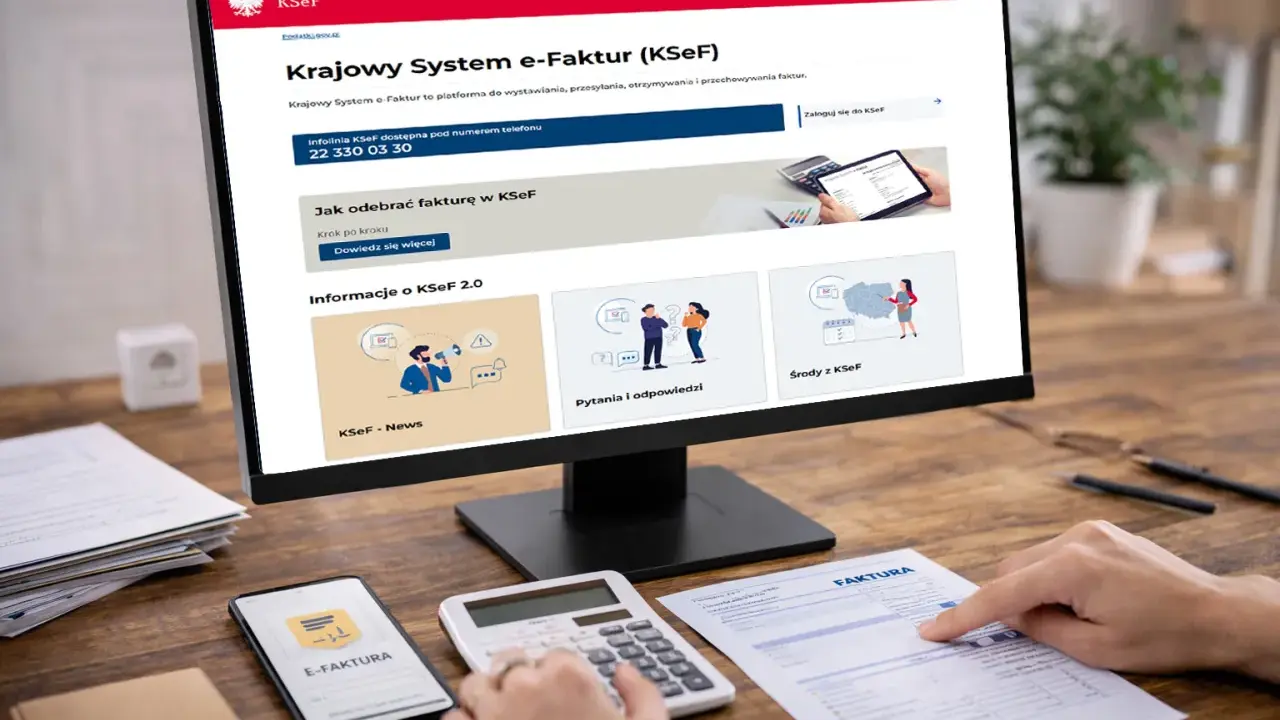 Na ekranie komputera widoczna jest strona Krajowego Systemu e-Faktur (KSeF), platformy do obsługi faktur. Obok leży smartfon z ikoną "E-FAKTURA", kalkulator i dokument "FAKTURA".