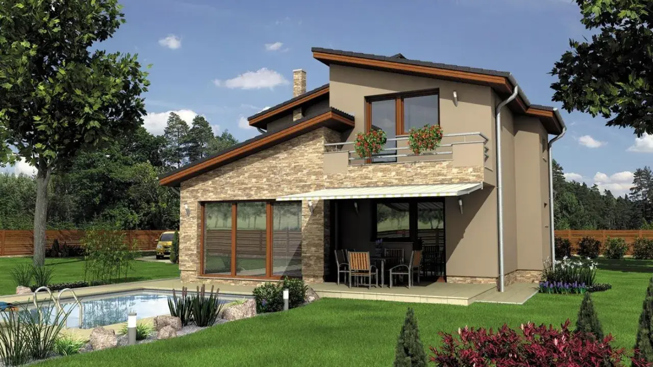 Eleganti case moderne esterni a due piani con piscina e giardino curato.