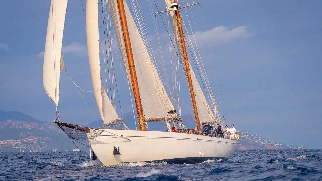 Un élégant voilier blanc, tel un cygne noir sur l'eau, navigue avec ses voiles gonflées par le vent, longeant une côte méditerranéenne.
