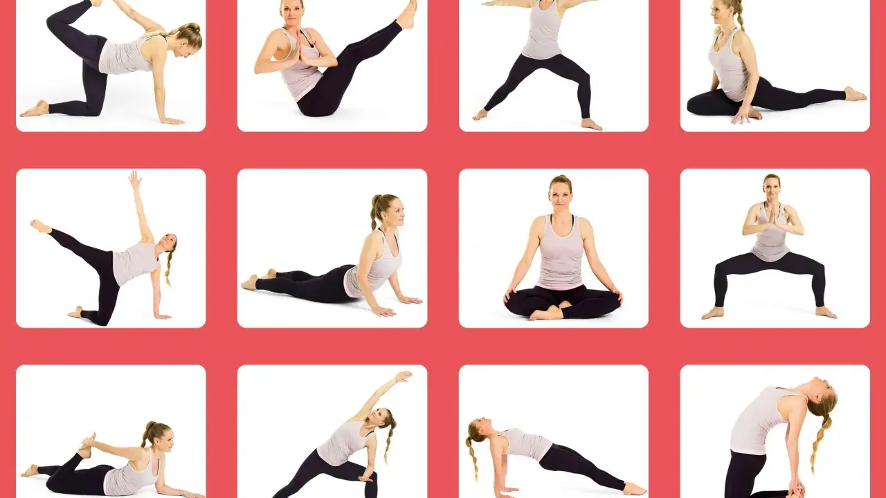 En kvinna utför olika yogaövningar, inklusive positioner som kan kopplas till yoni yoga, för att främja välbefinnande och styrka.