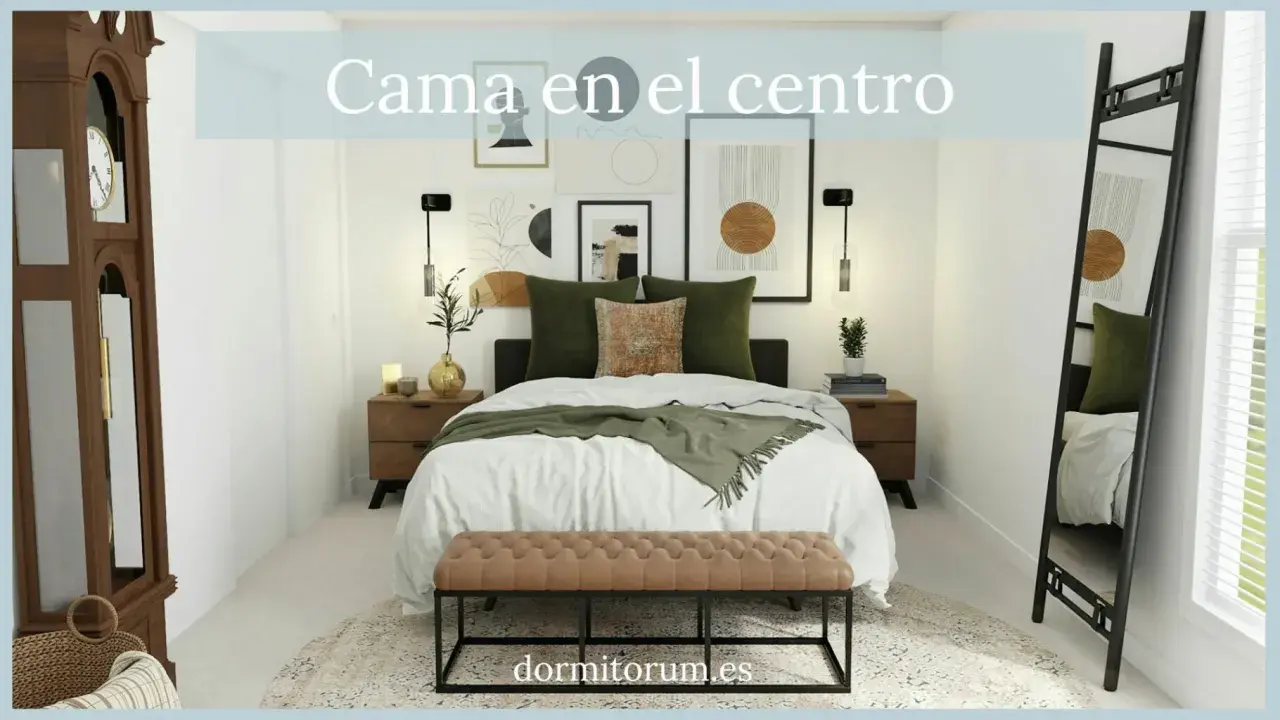 Distribución dormitorio matrimonio con cama central, mesitas de noche, espejo y reloj de pie.