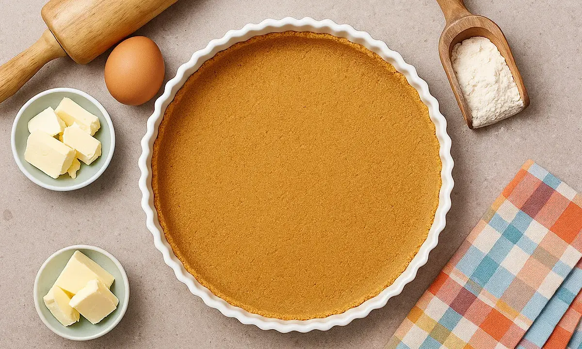 Fond de tarte avec biscuits écrasés sans beurre, prêt pour une garniture gourmande. Ingrédients : œuf, beurre, farine, rouleau à pâtisserie.