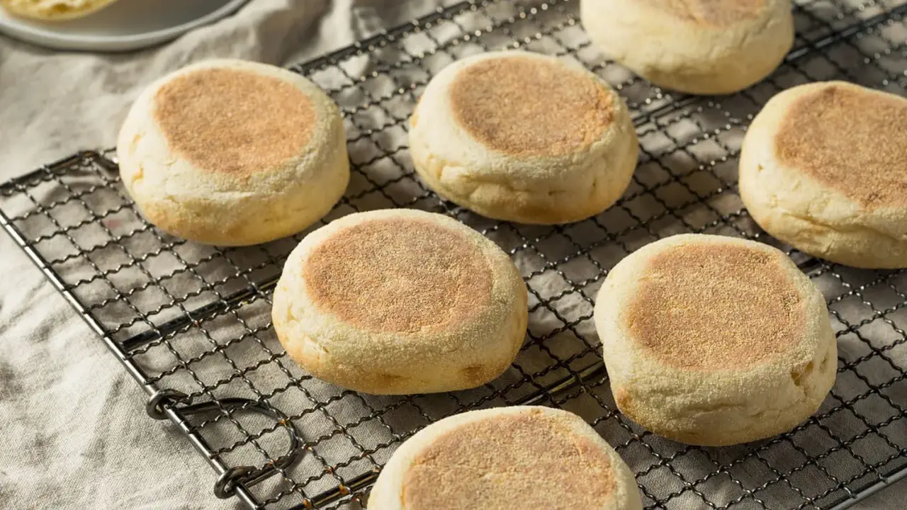 Plusieurs muffins anglais dorés et moelleux refroidissent sur une grille. Parfaits pour le petit-déjeuner.