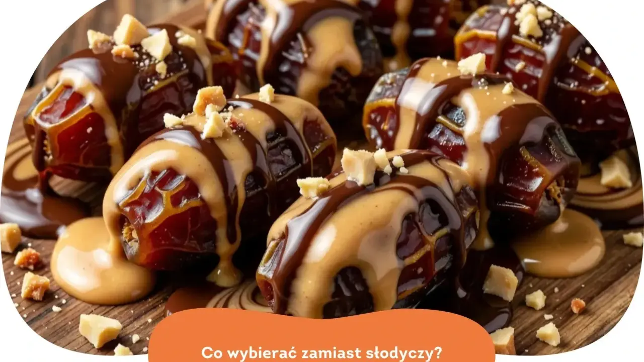 Daktyle z masłem orzechowym i czekoladą, posypane orzechami. Idealna przekąska, gdy zastanawiasz się, czym zastąpić słodycze.