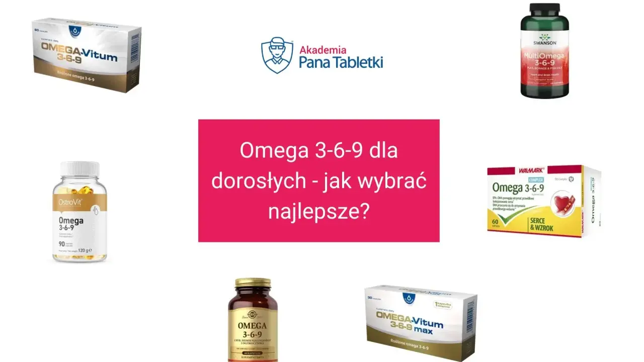 Różne suplementy diety z kwasami omega 3, w tym Omega-Vitum, OstroVit, Swanson i Walmark.