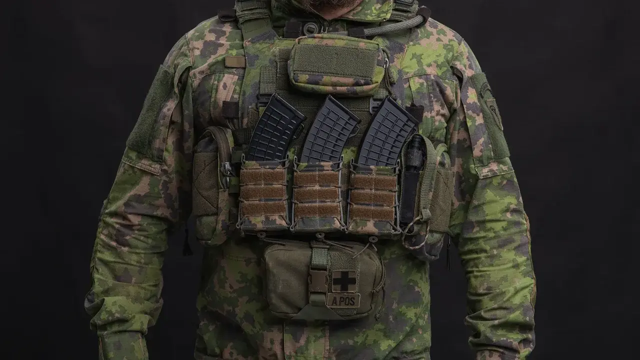 Gotowy do akcji: plate carrier setup z magazynkami, apteczką i dodatkowym wyposażeniem.