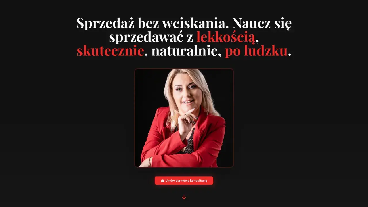Kobieta w czerwonej marynarce uczy, jak sprzedawać skutecznie i naturalnie. Zapisz się na darmową konsultację.