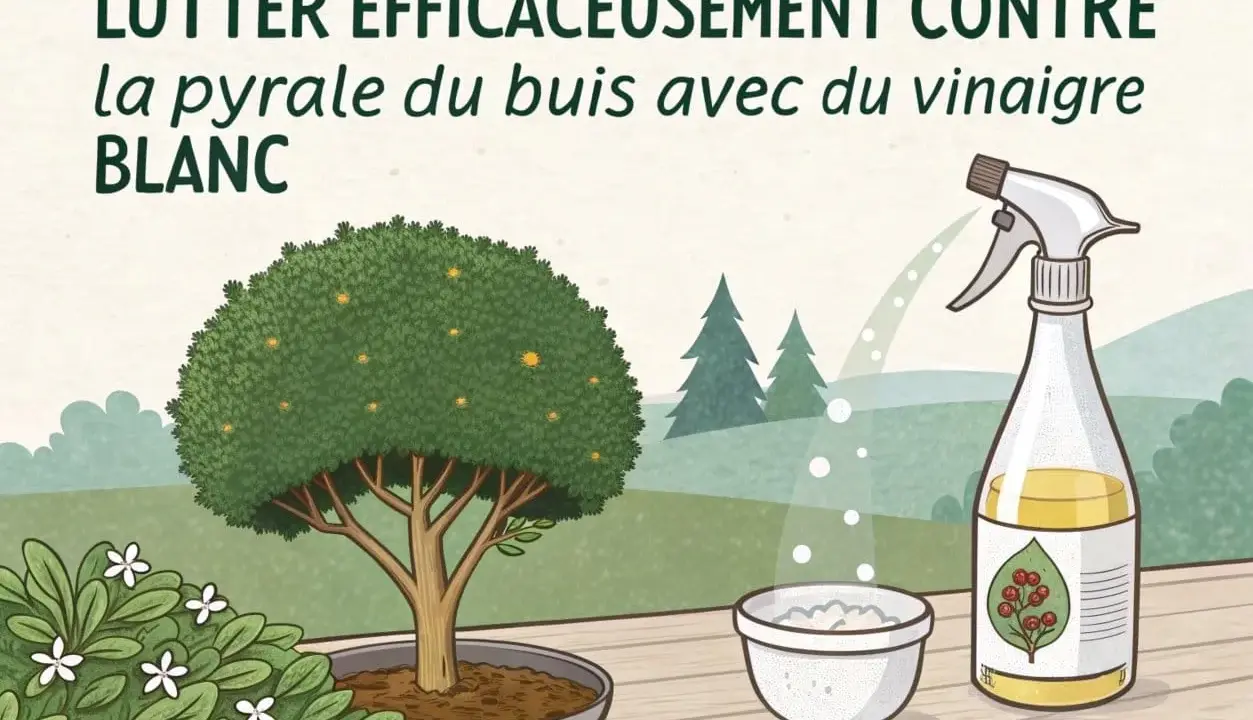 Lutter efficacemente contre la pyrale du buis avec du vinaigre blanc. Un buis sain, un pulvérisateur et un bol sont représentés.