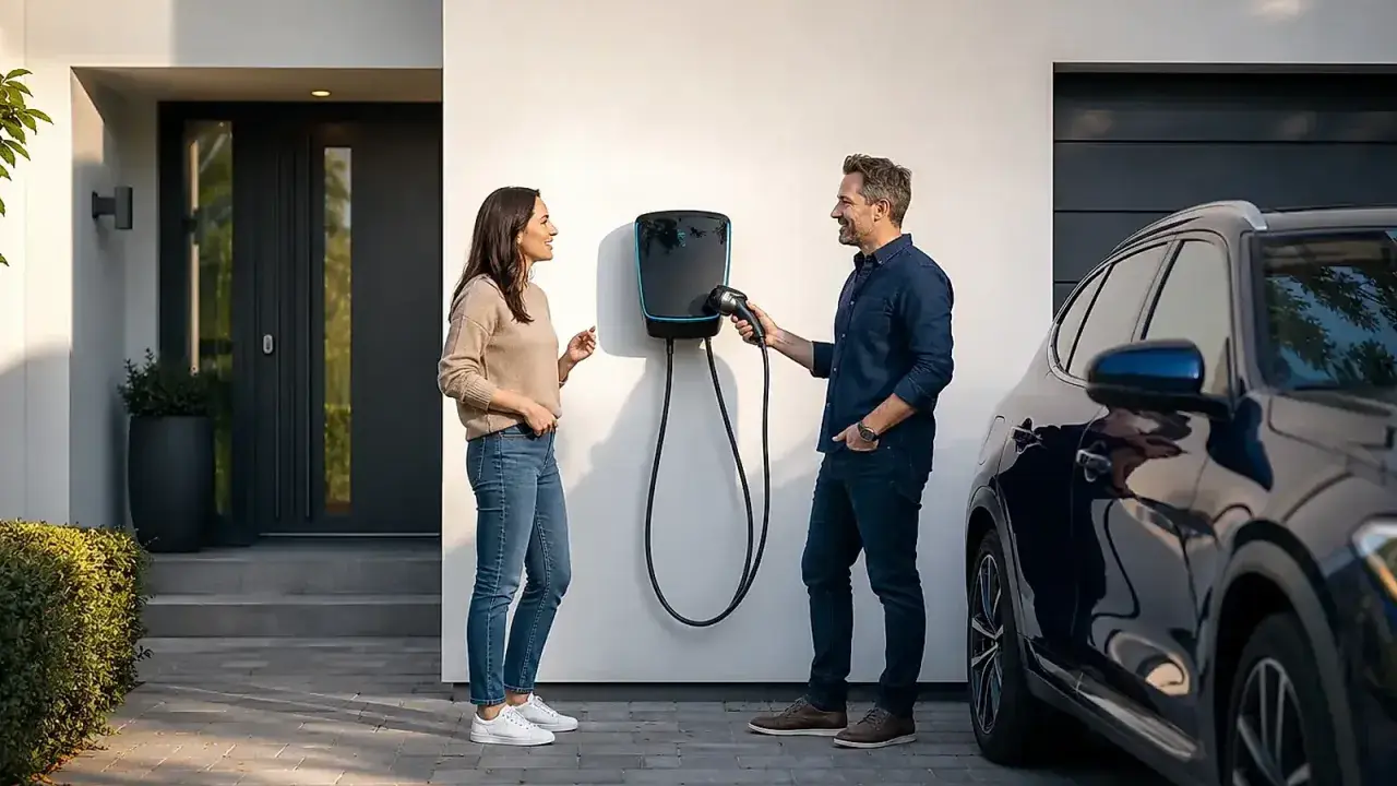 Ein Paar spricht vor einer Wallbox, die an der Hauswand montiert ist. Sie überlegen, welche Wallbox Kosten für sie am besten sind.