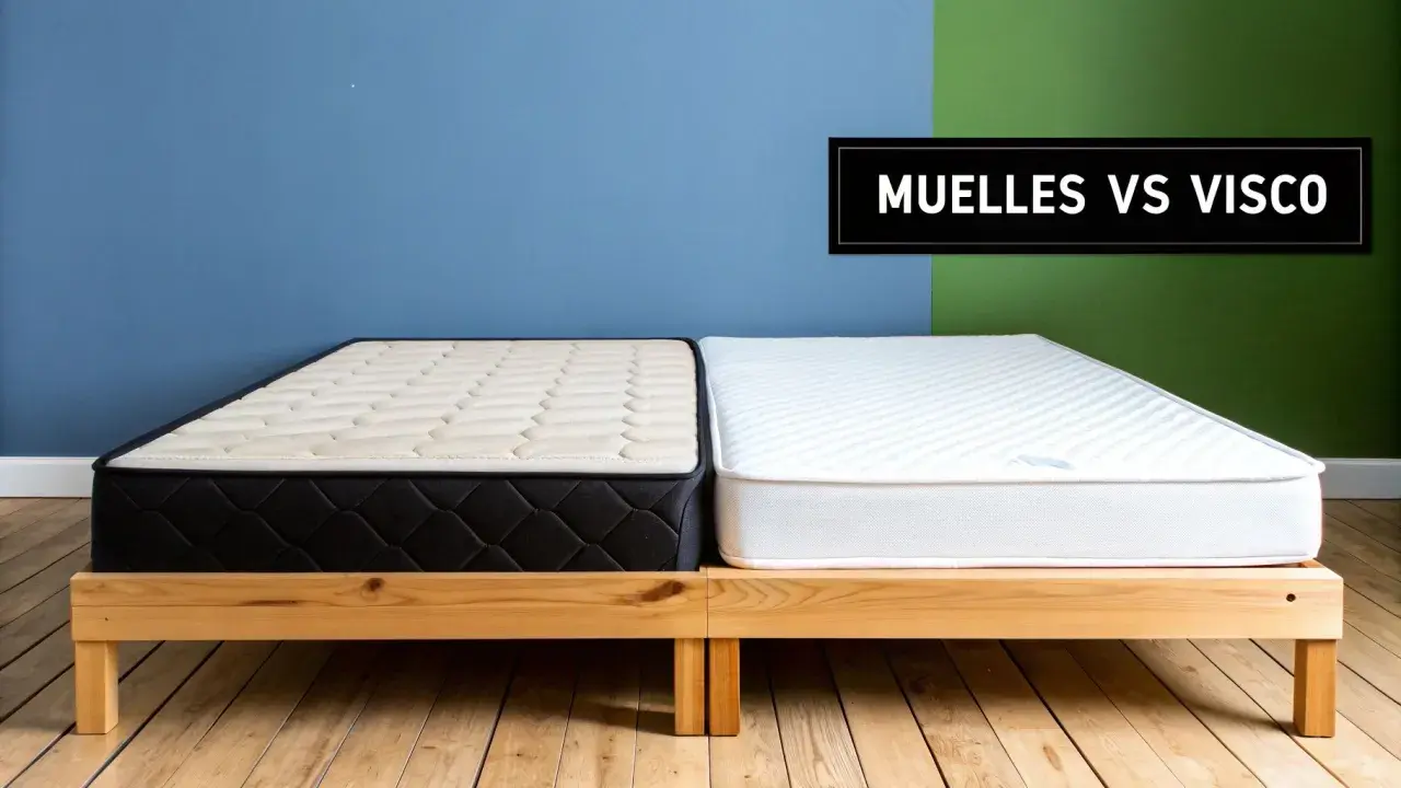 Dos colchones, uno de muelles ensacados y otro viscoelástico, sobre una base de madera. Comparativa muelles vs visco.