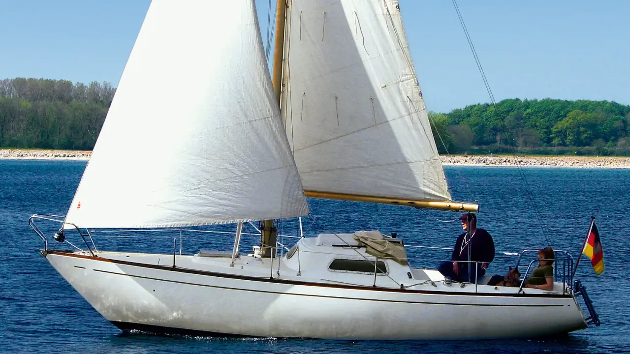 Un voilier blanc navigue sur une mer bleue, ses voiles gonflées par le vent. L'écume de mer danse autour de la coque. Deux personnes et un chien profitent de la balade.