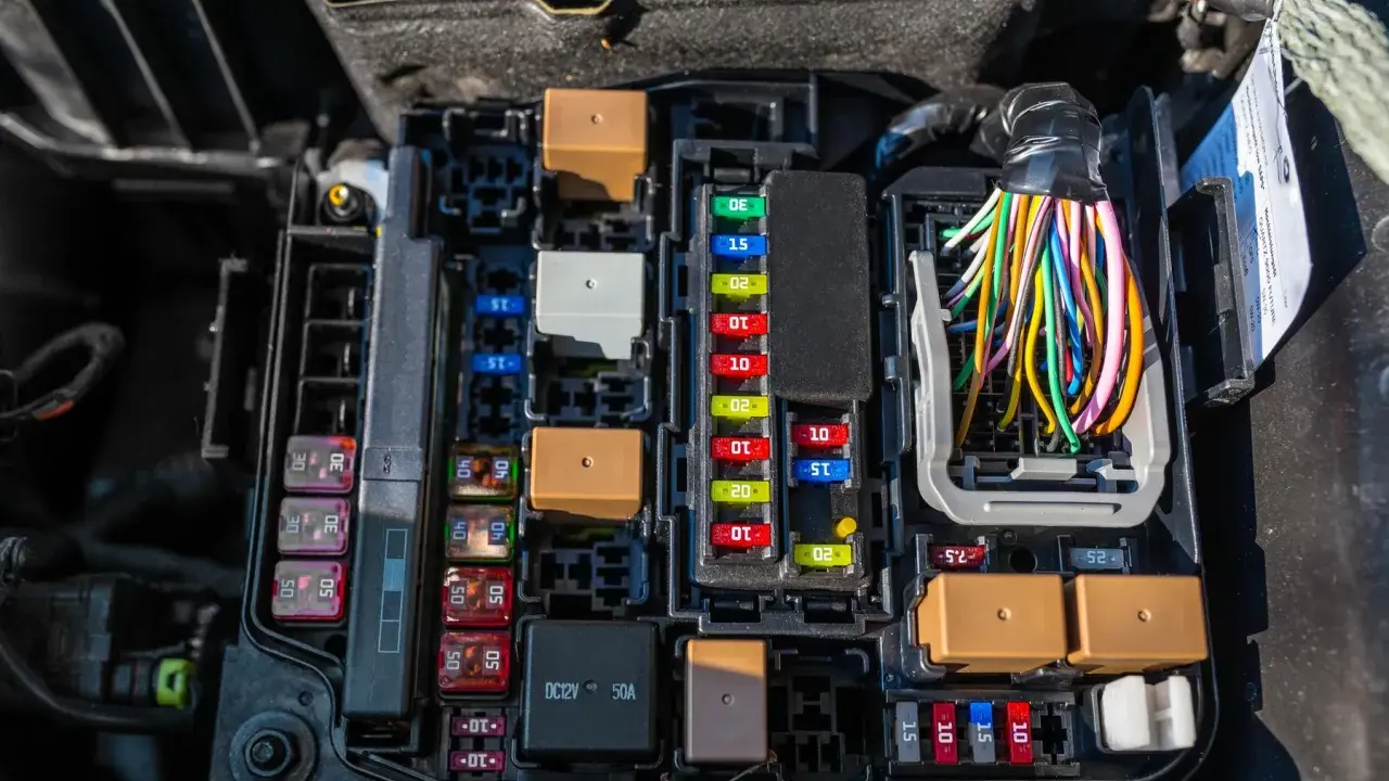 Caja de fusibles de coche con varios fusibles de diferentes amperajes y colores, relés marrones y un mazo de cables de colores.