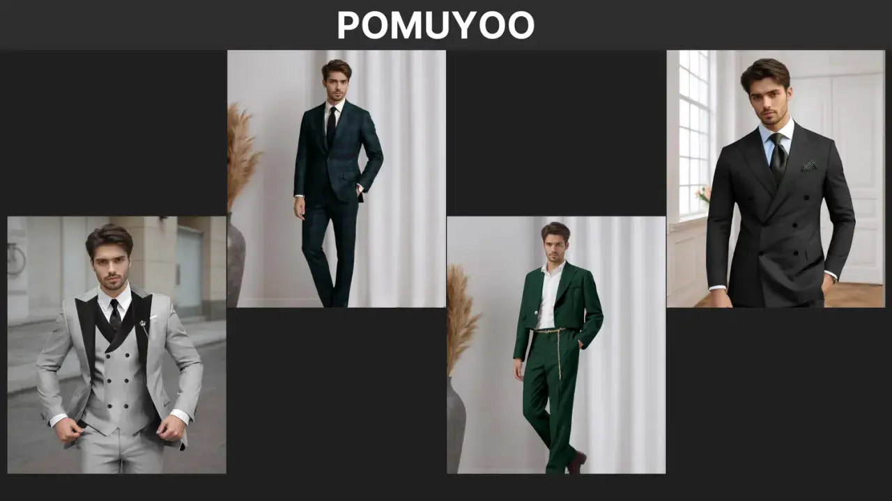 Men in stylish suits. A man in a grey suit, a man in a green plaid suit, a man in a cropped green suit, and a man in a black double-breasted suit.