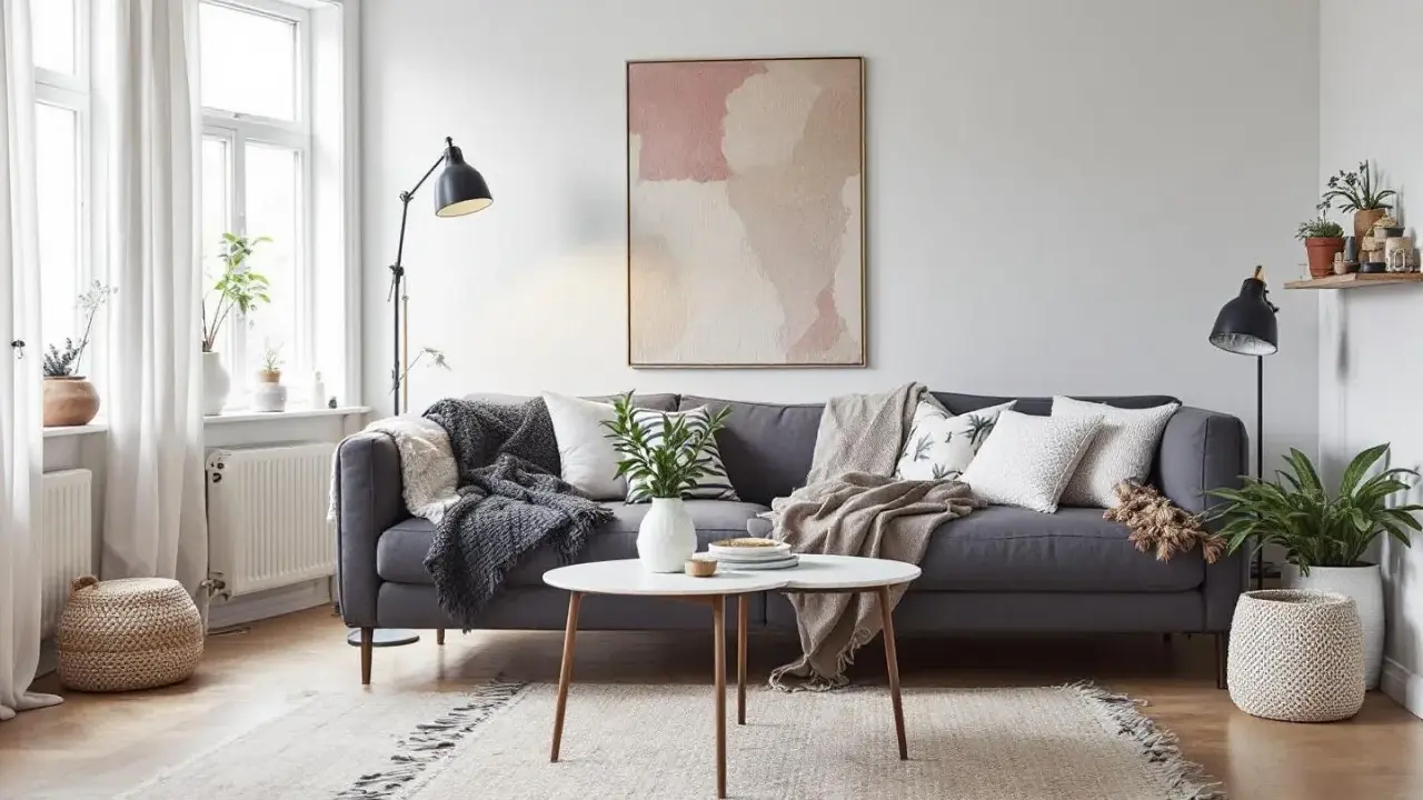 En grå soffa med många kuddar och filtar, ett runt soffbord och en matta skapar en mysig bohemisk inredning.