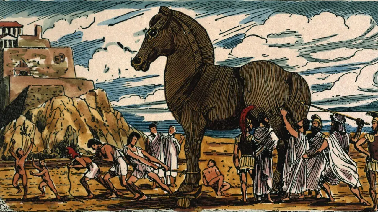 Menschen ziehen ein riesiges hölzernes Pferd in Richtung einer Stadt. Die trojanisches pferd geschichte beginnt hier.