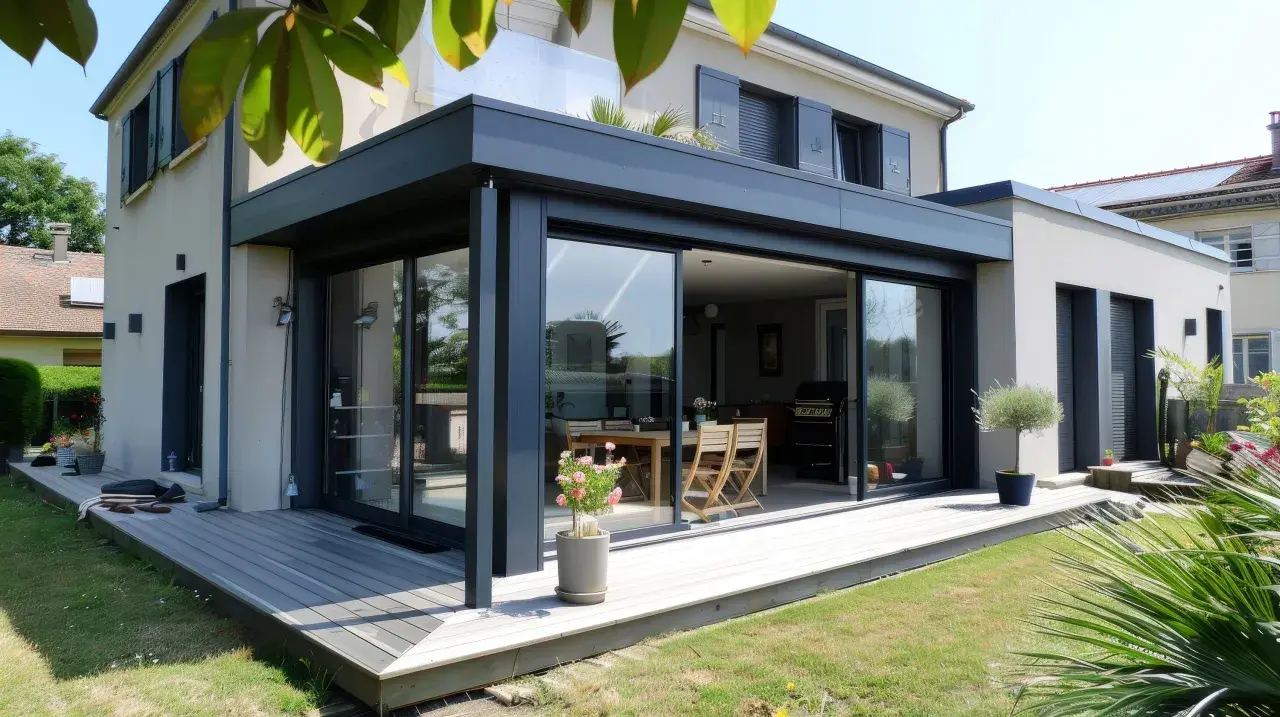 Une véranda moderne avec de grandes baies vitrées s'ouvre sur une terrasse en bois. La nouvelle loi sur les véranda permet de tels agrandissements.