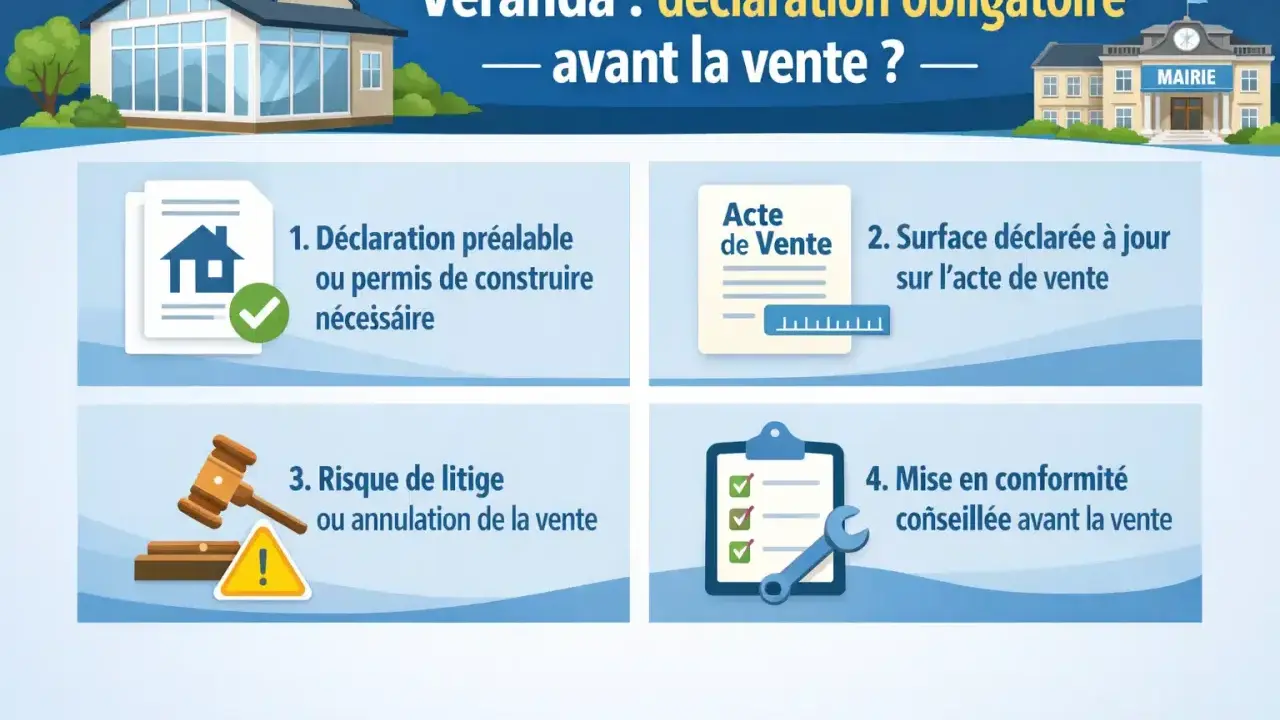 Véranda : déclaration obligatoire avant la vente. Étapes : permis, surface à jour, éviter litiges, mise en conformité.