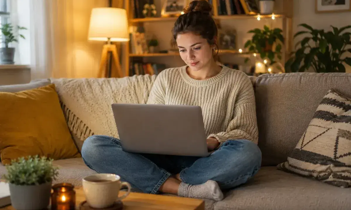 Młoda kobieta siedzi na kanapie z laptopem, korzystając z biblioteki online dla studentów.