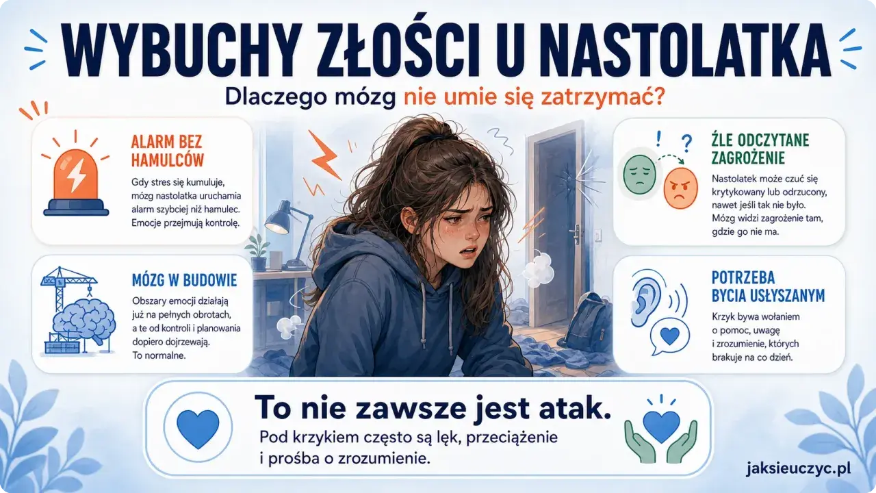 Nastolatka z wybuchem złości. Grafika wyjaśnia, jak rozładować stres u nastolatków, pokazując mechanizmy mózgu i potrzebę bycia usłyszanym.