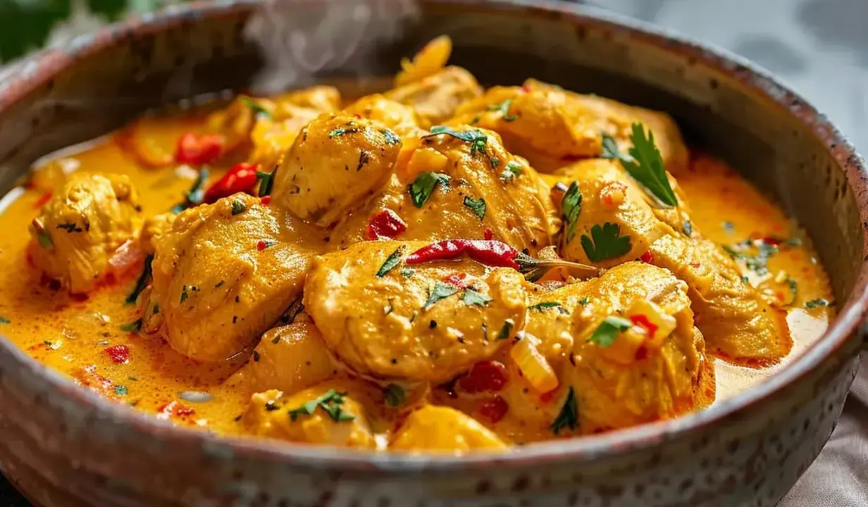 En krämig kyckling curry gryta med bitar av kyckling, chili och persilja i en rustik skål.