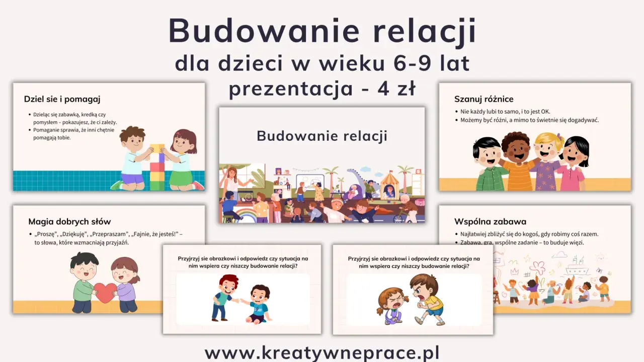 Dzieci budują relacje, dzieląc się i pomagając. Wzmacnia to przyjaźń, szanując różnice i bawiąc się wspólnie.