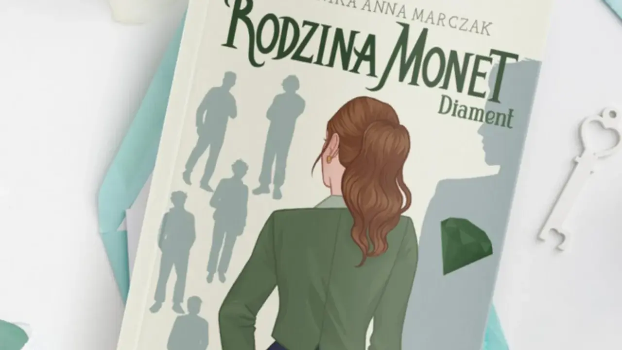Okładka książki "Rodzina Monet. Diament" z sylwetkami postaci i zielonym klejnotem.