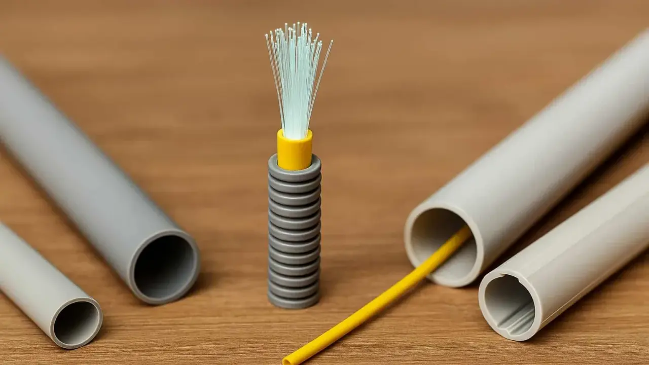 Le câble à fibre optique, prêt à être installé dans la maison, avec des gaines grises et un fil jaune.