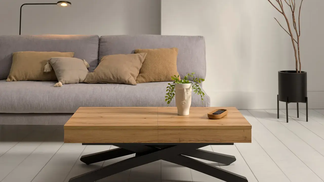 Mesa elevable de madera con motor, ideal para tu salón. Un diseño moderno con patas negras y un estilo único.
