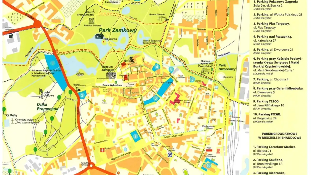 Mapa Pszczyny z zaznaczonymi parkingami, w tym przy Pokazowej Zagrodzie Żubrów.