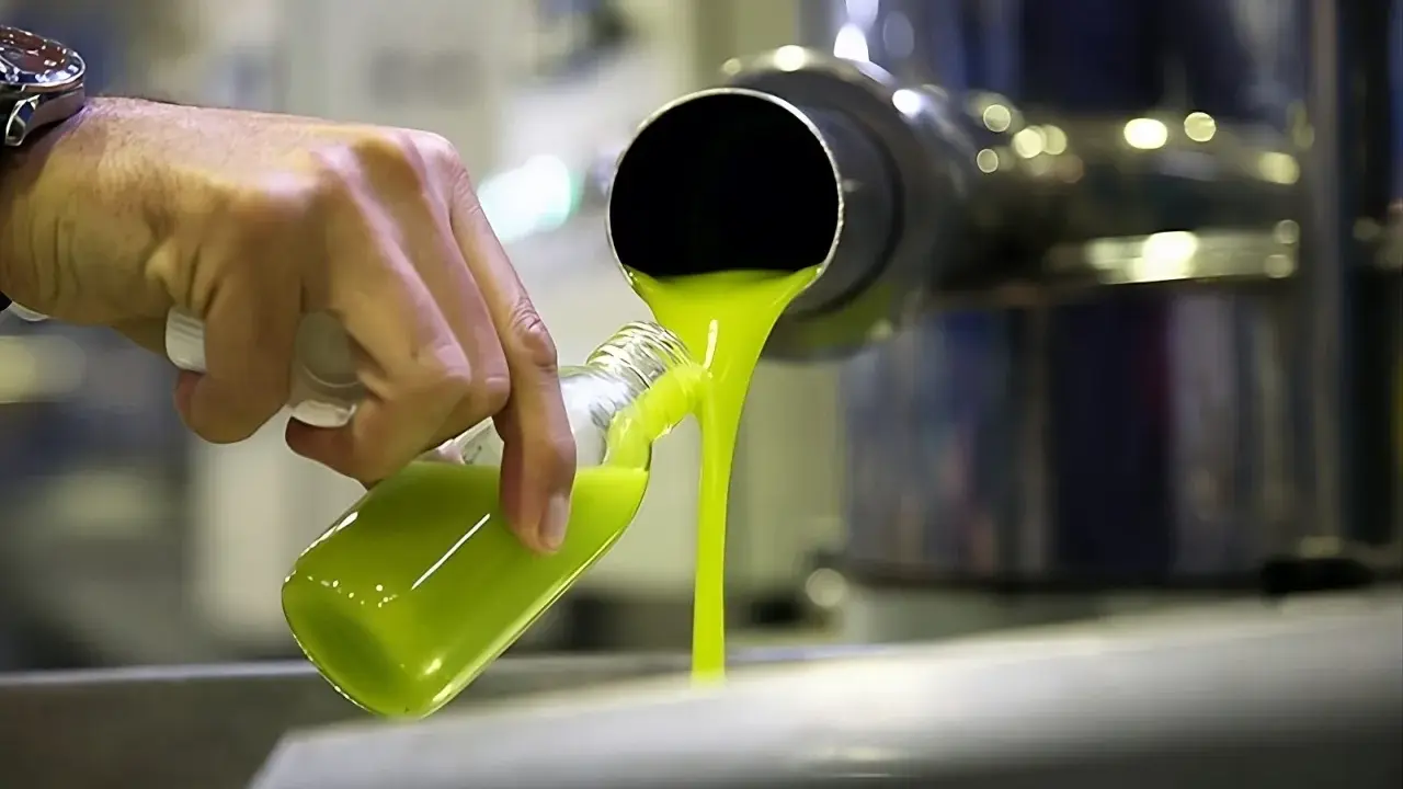 Aceite verde brillante se vierte en una botella. ¿Qué es el aceite lampante? Es un aceite de oliva virgen de baja calidad, no apto para el consumo directo.